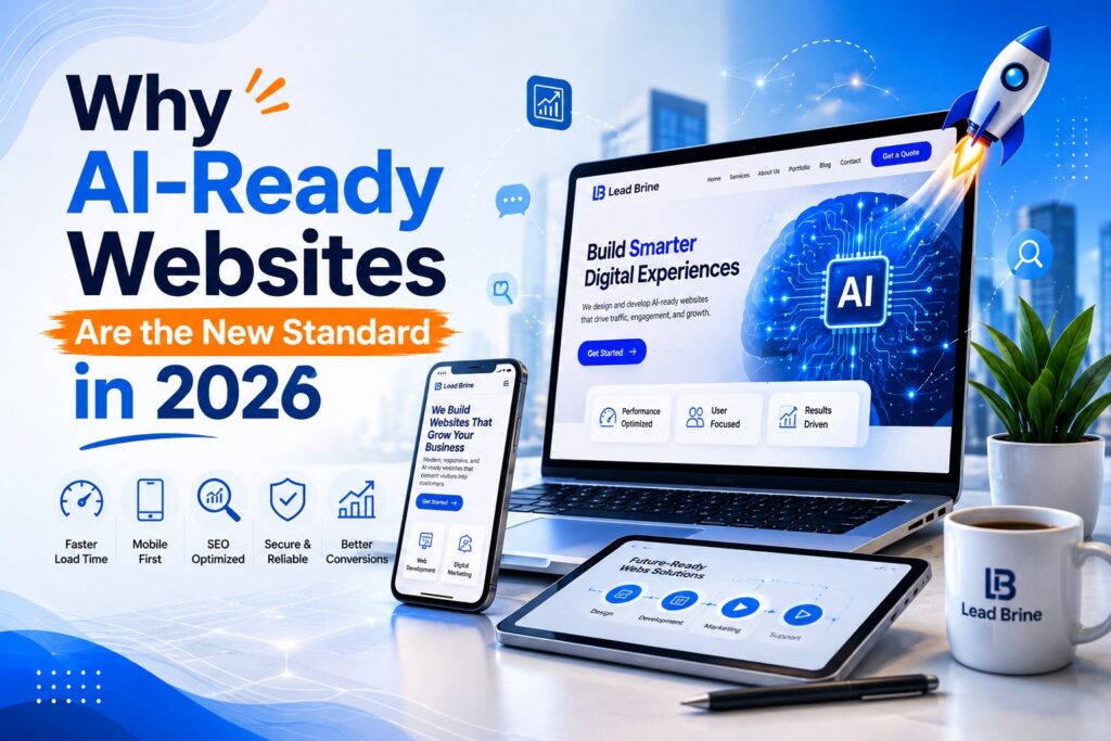AI-ready website design in 2026 showing modern SEO optimization, mobile responsiveness, fast performance, and artificial intelligence integration for business growth.